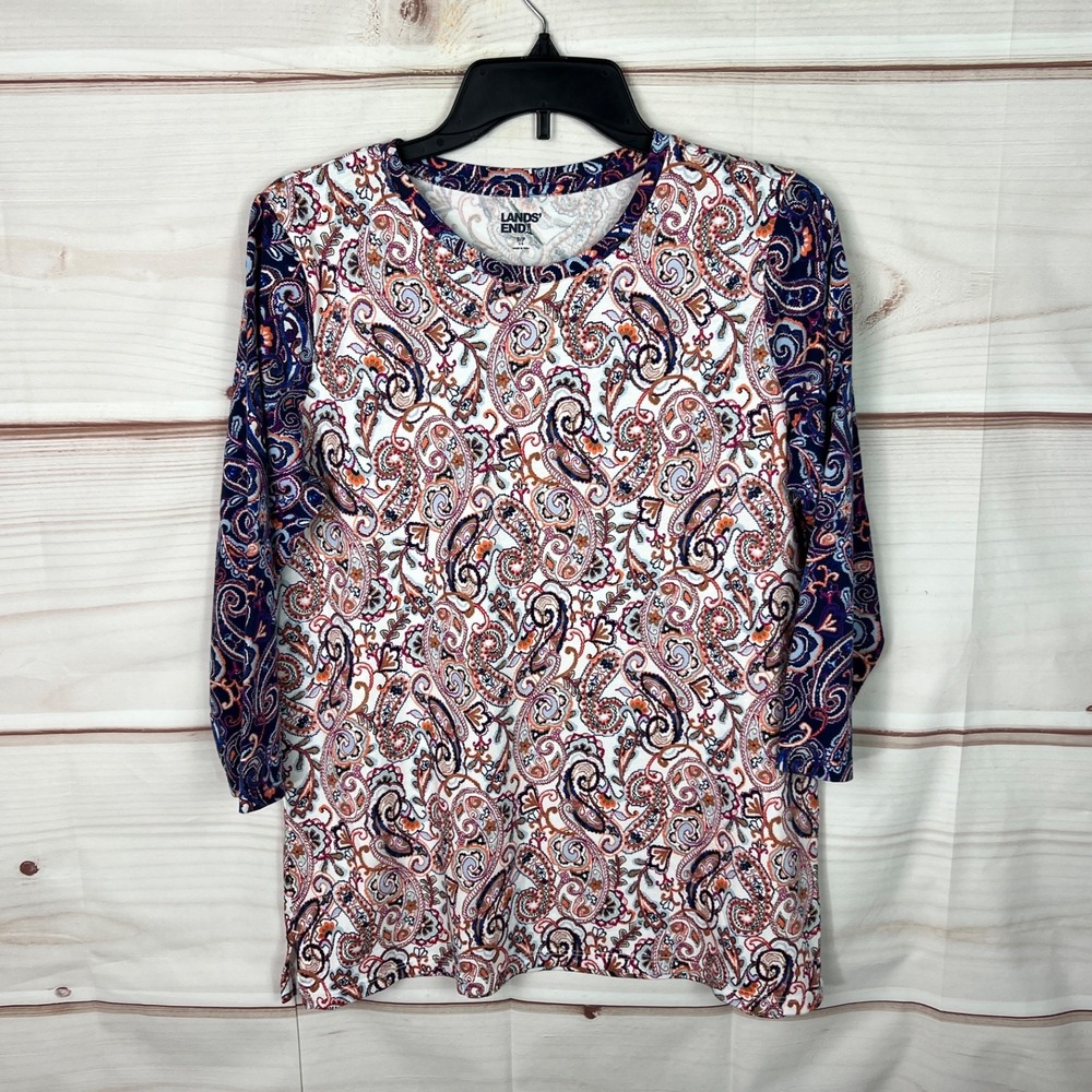 Lands End Top Womens Small Multicolor Paisley Cotton T-Shirt Tunic Crew Neck